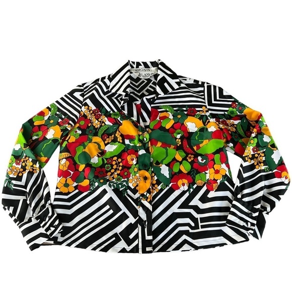 Vintage Lanvin I. Magnin Geometric Floral Button Front Blouse Mod Flowers Medium - Picture 5 of 16
